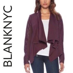 BLANKNYC PRIVATE PRACTICE OXBLOOD RED DRAPE FRONT VEGAN LEATHER MOTO JACKET, S